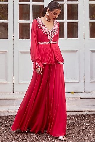 fuchsia hand embroidered palazzo pant set