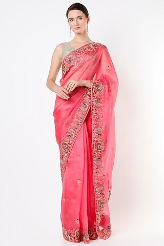 fuchsia hand embroidered saree