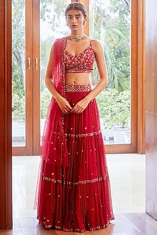 fuchsia hand embroidered tiered lehenga set