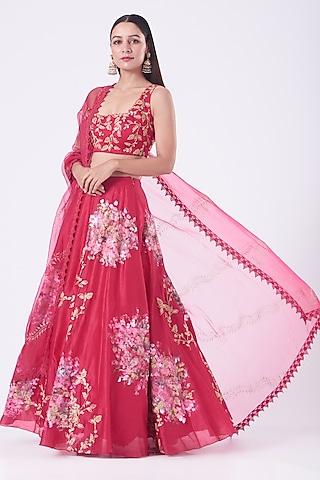 fuchsia hand painted lehenga set