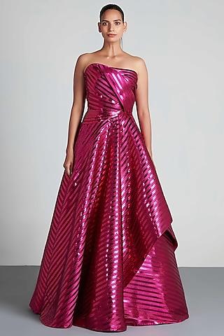 fuchsia hand woven metallic textile draped gown