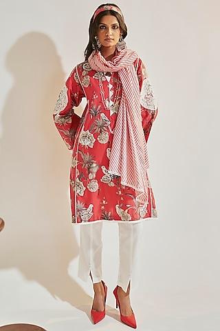 fuchsia lawn cotton embroidered & printed kurta set
