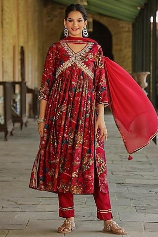 fuchsia modal chanderi floral printed kurta set