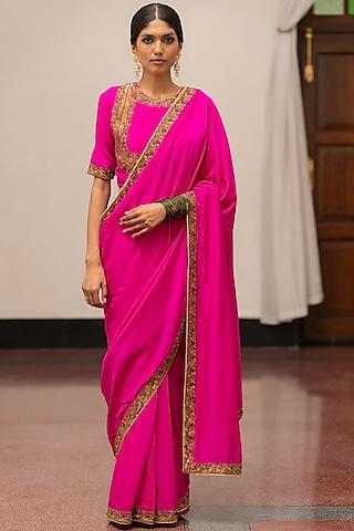 fuchsia moonga silk embroidered woven saree set