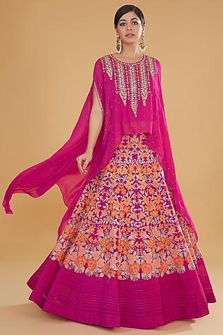 fuchsia mukaish georgette floral cross-stitched embroidered lehenga set