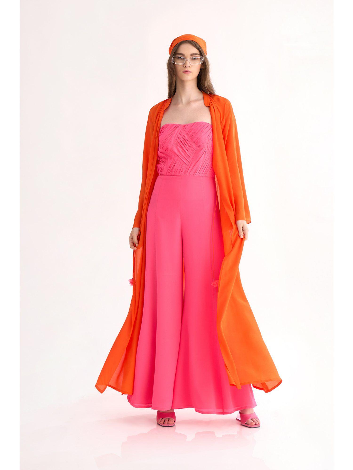 fuchsia natural crepe drape tube jumpsuit paired with front open cape (set of 2)