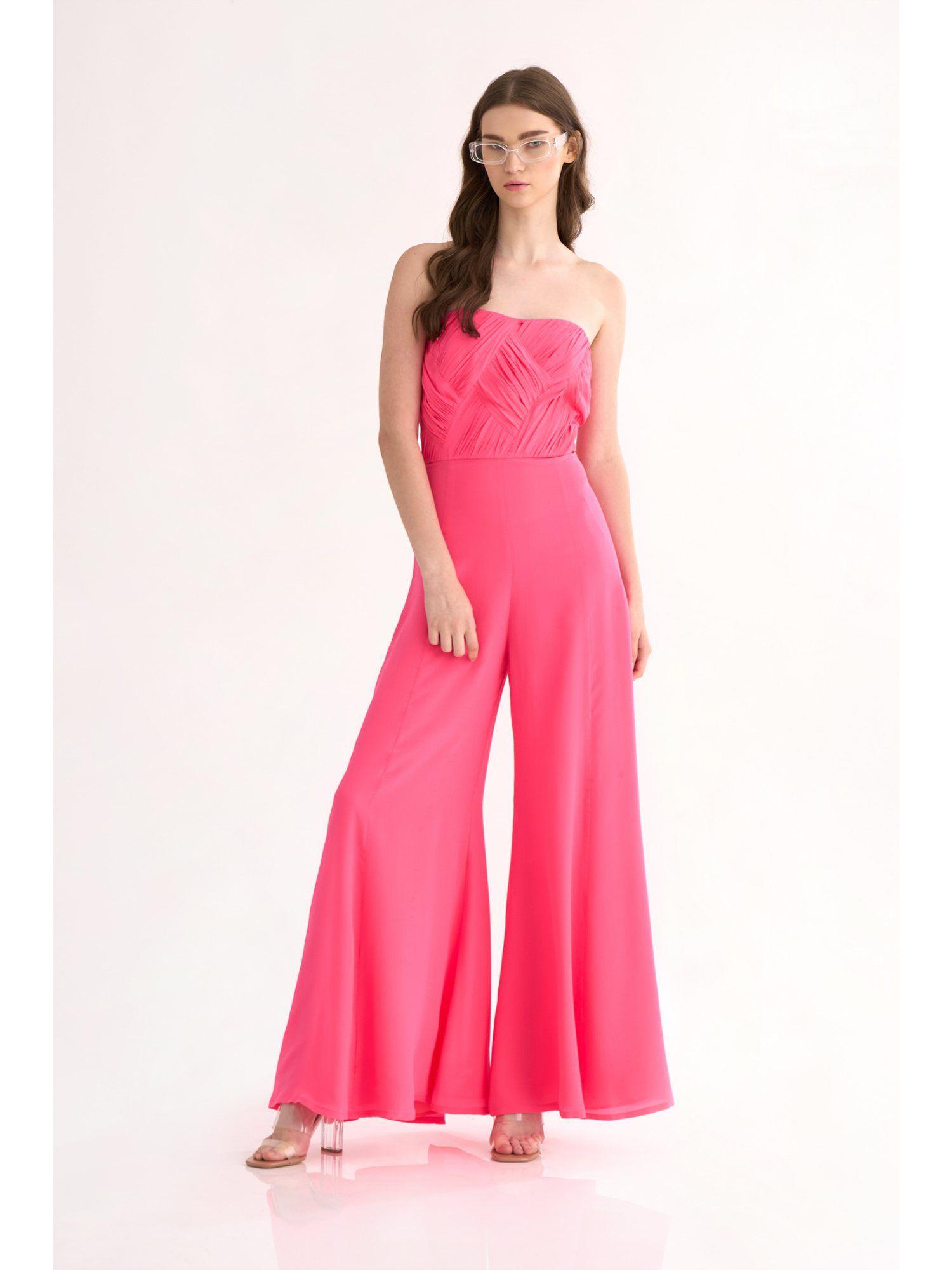 fuchsia natural crepe drape tube jumpsuit with side zipper