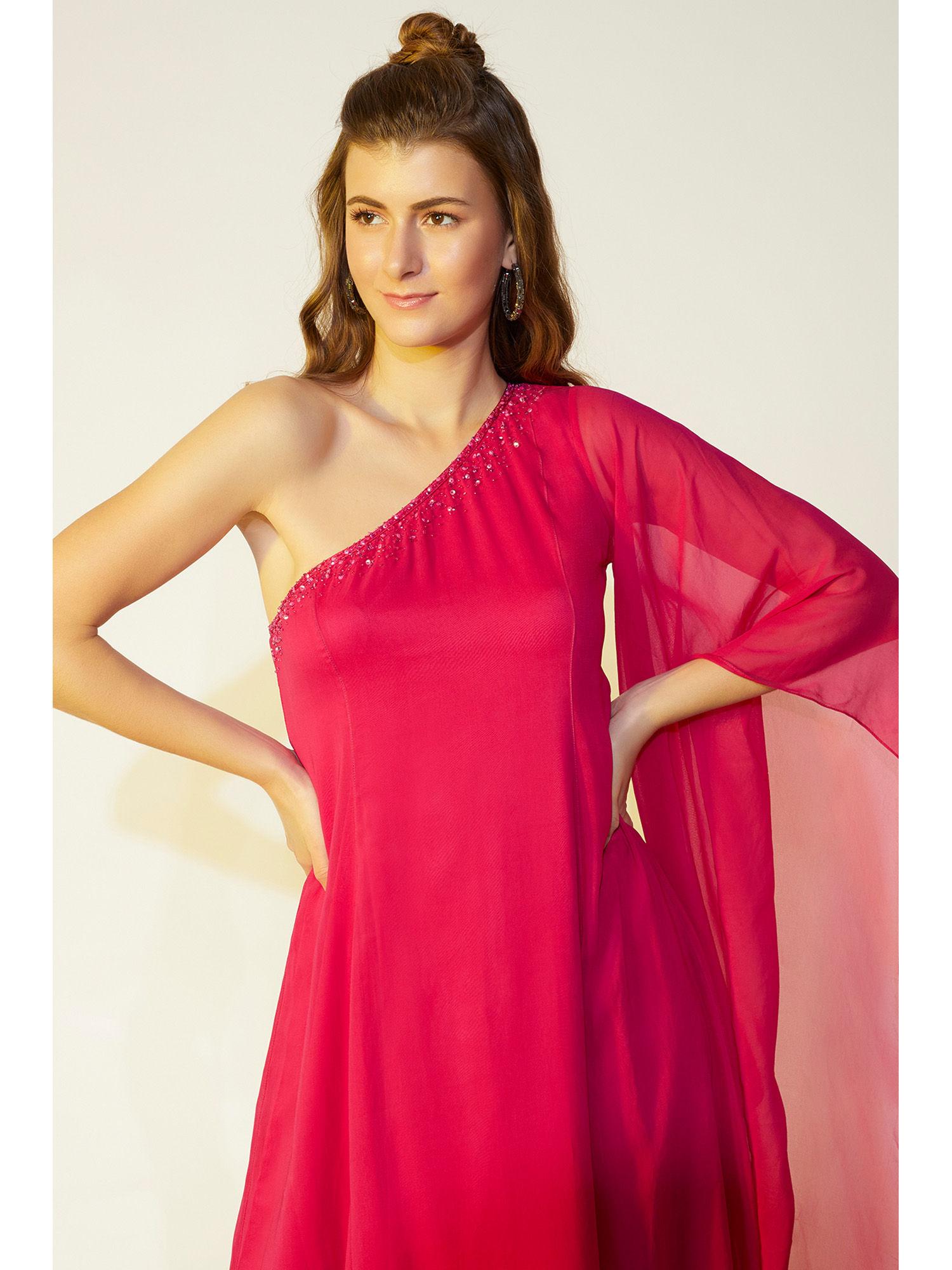 fuchsia one-shoulder flared dress