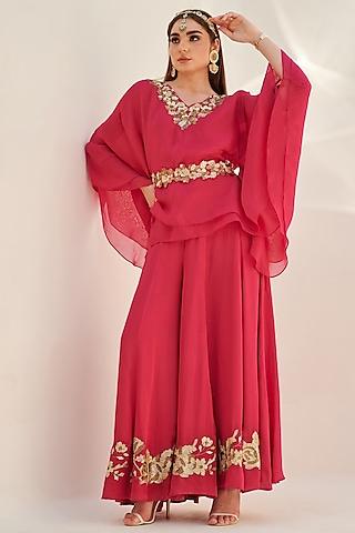 fuchsia organza & modal satin metallic sequins embroidered kaftan tunic set