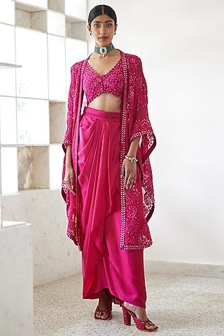 fuchsia organza embroidered triangle cape set