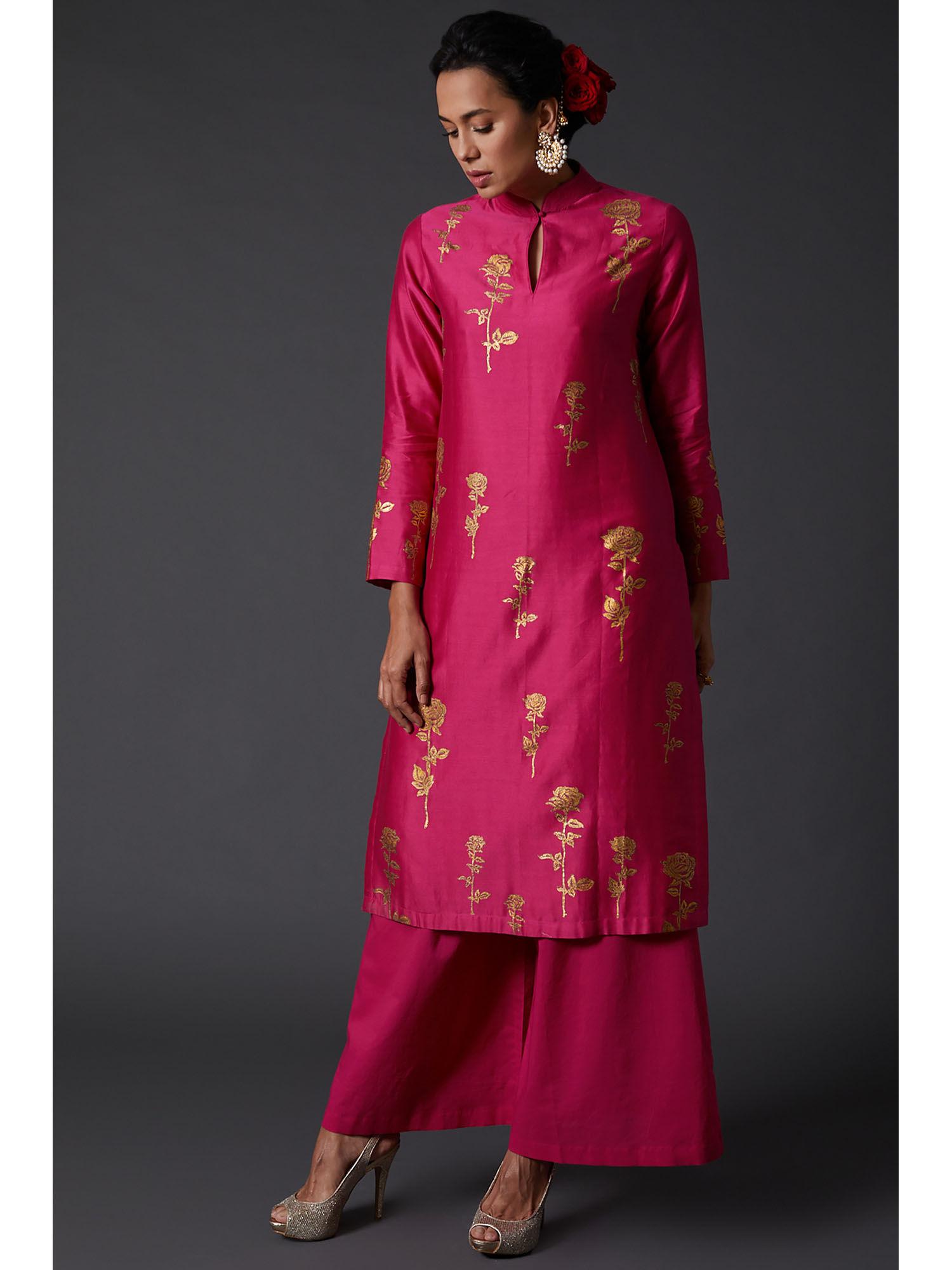 fuchsia pink & gold block printed kurta & palazzo in chanderi silk (set of 2)