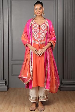fuchsia pink & orange silk georgette thread embroidered kurta set