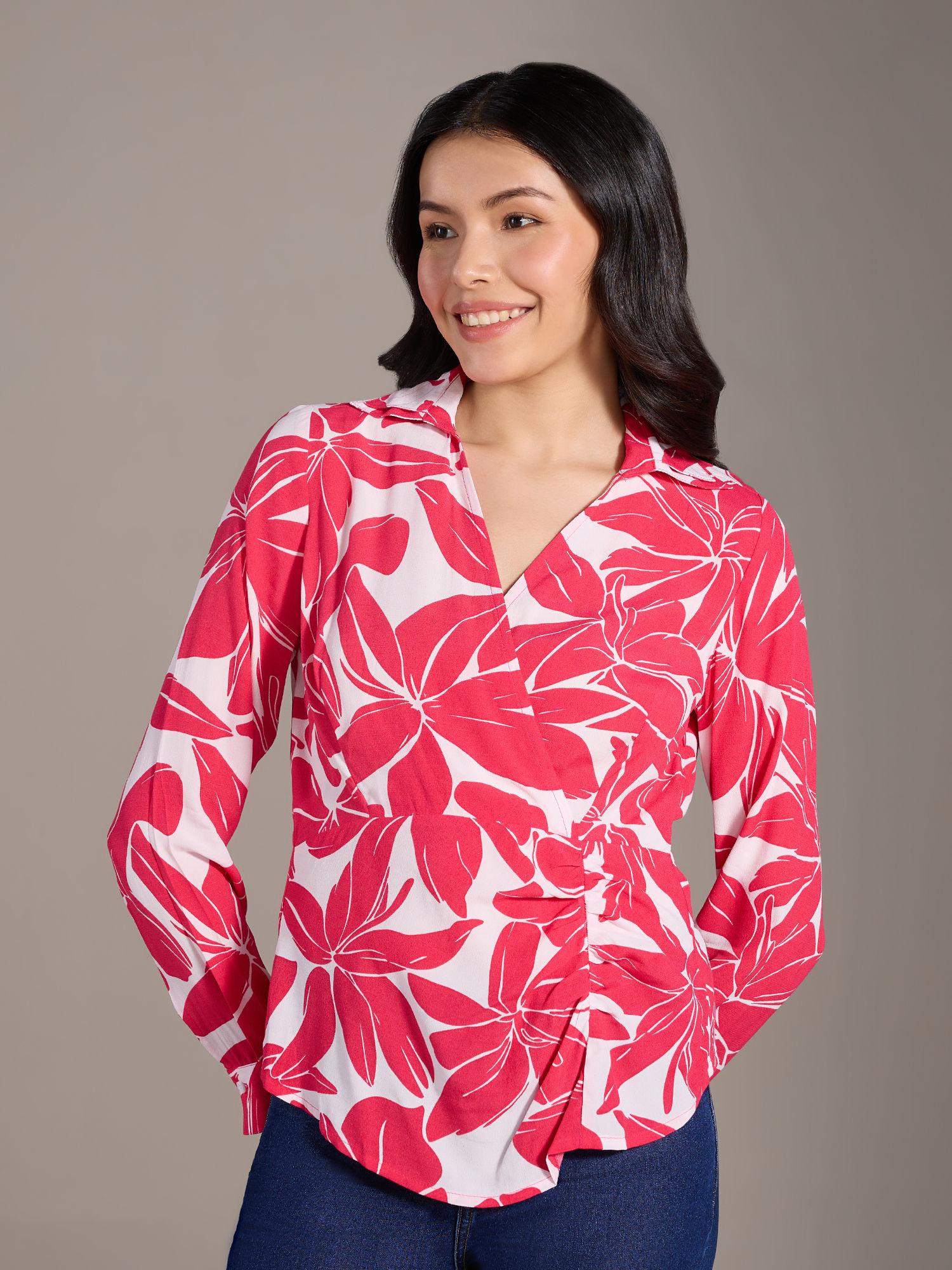 fuchsia pink and white floral print double collar wrap top