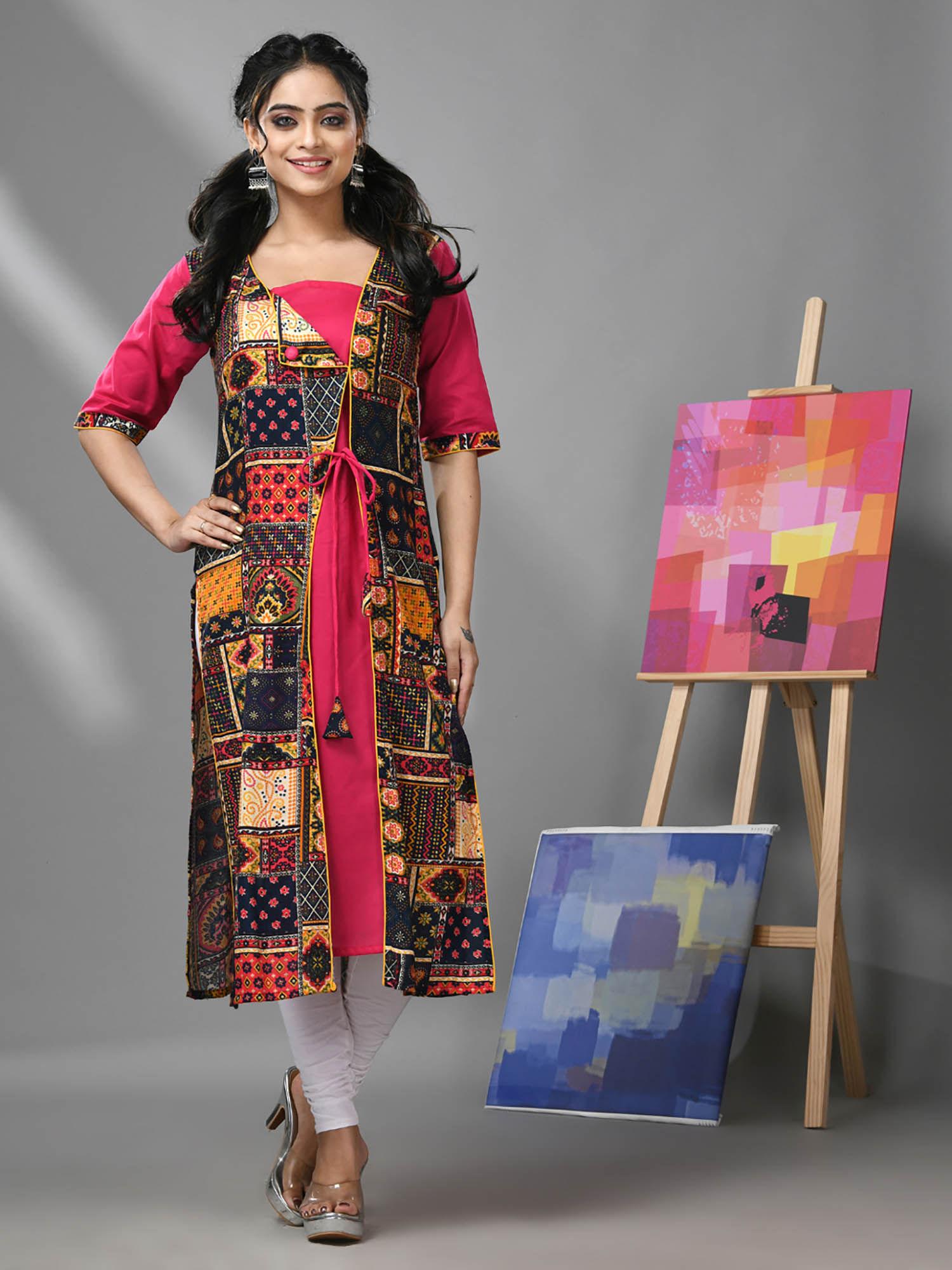 fuchsia pink angrakha style printed rayon kurta