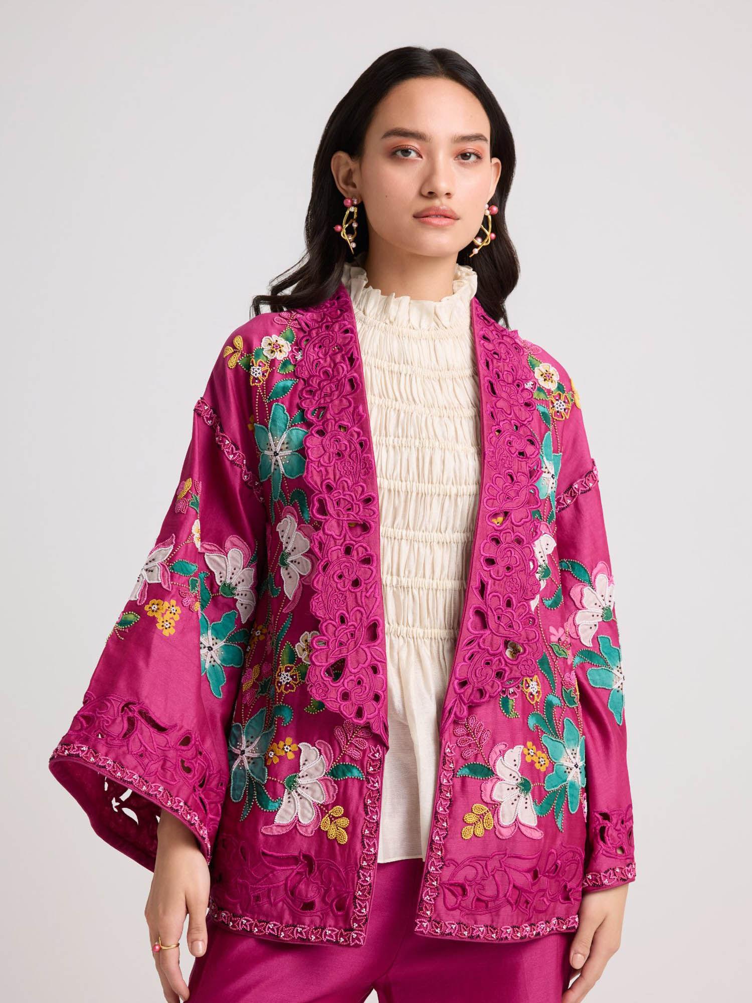 fuchsia pink applique and beadwork flared jacket