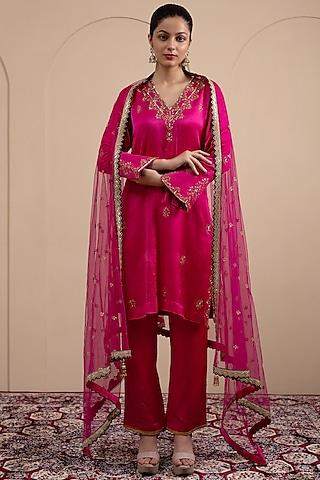 fuchsia pink bamberg satin badla & zari embroidered kurta set