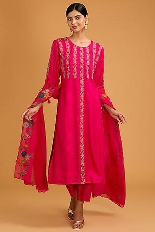 fuchsia pink bamberg silk cutdana embroidered straight kurta set