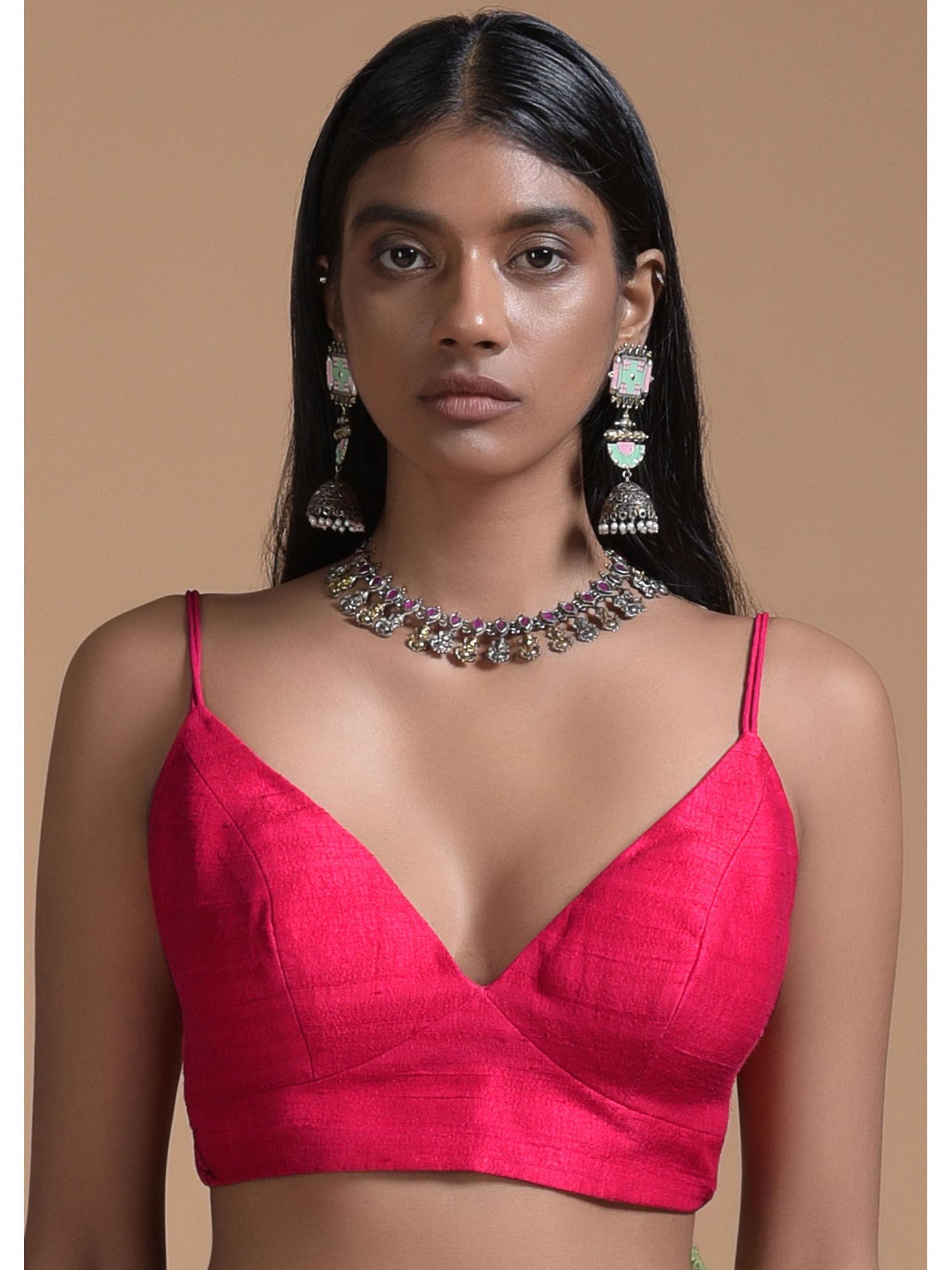 fuchsia pink blouse in raw silk with plunging neckline & straps on the shoulder