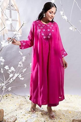 fuchsia pink chanderi badla embellished gathered kurta set