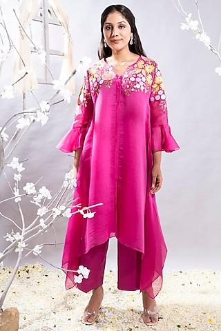 fuchsia pink chanderi floral applique embellished asymmetrical kurta set