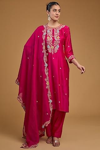 fuchsia pink chanderi sequins embroidered kurta set