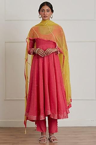 fuchsia pink chanderi silk anarkali set