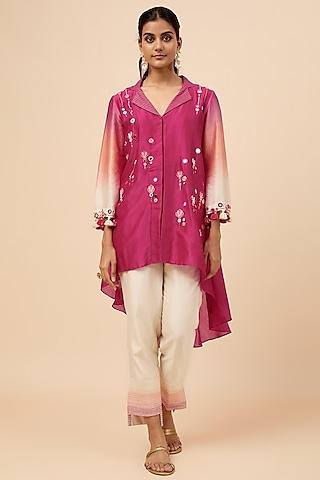 fuchsia pink chanderi silk hand embroidered tunic set