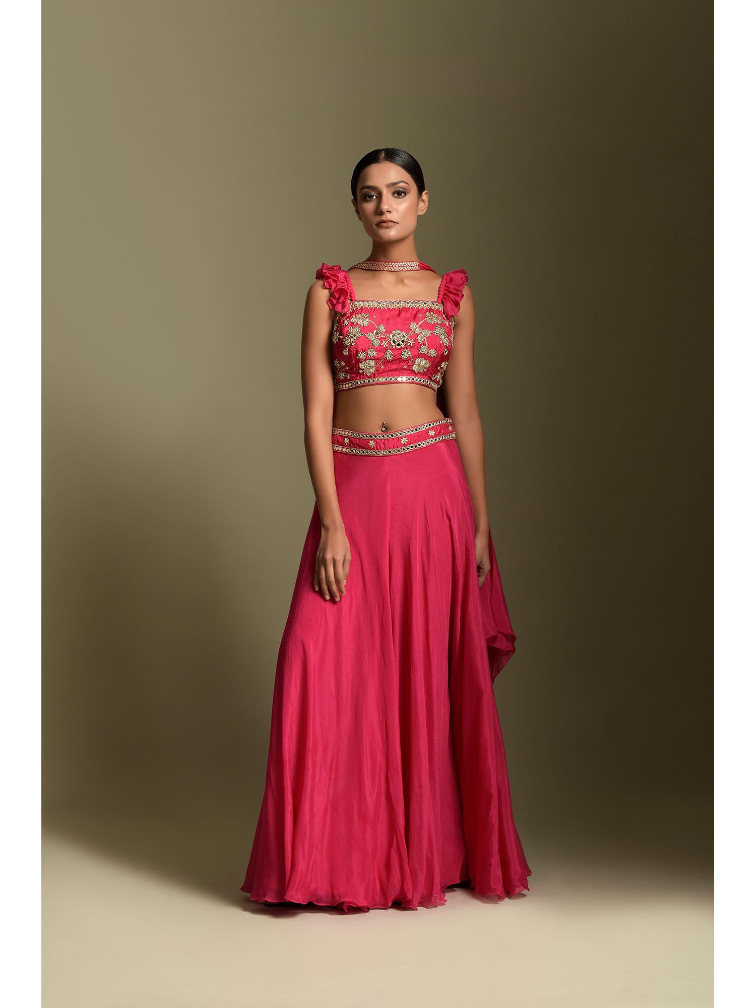 fuchsia pink chiffon crop top with palazzo & dupatta (set of 3)