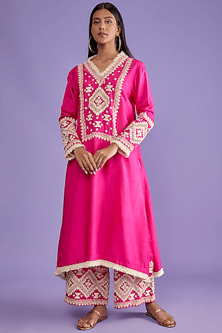 fuchsia pink cotton silk embroidered kurta set