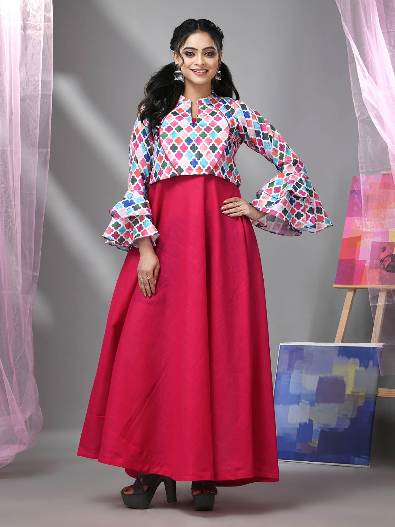 fuchsia pink cotton solid gown with printed cropped jacket (set of 2)