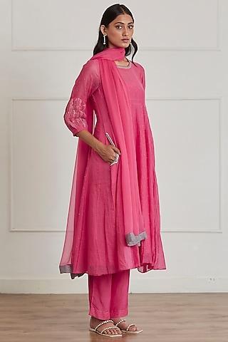 fuchsia pink embroidered anarkali set