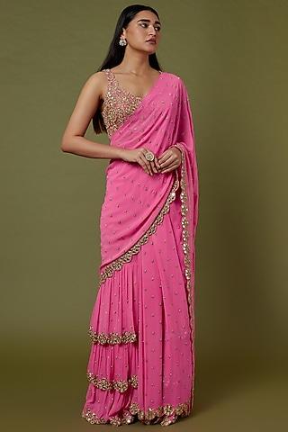 fuchsia pink embroidered saree set