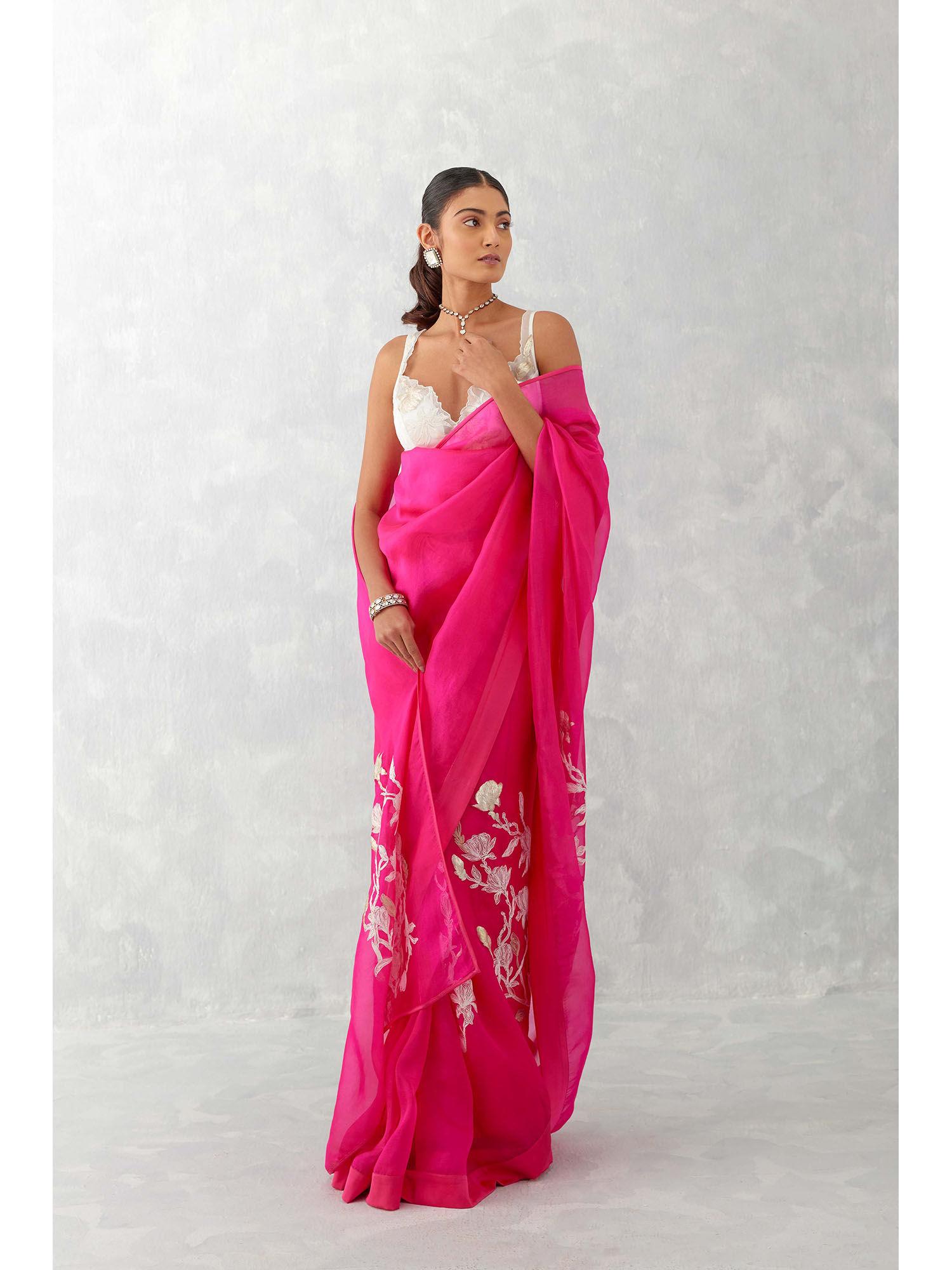 fuchsia pink embroidered silk organza saree with stitched blouse