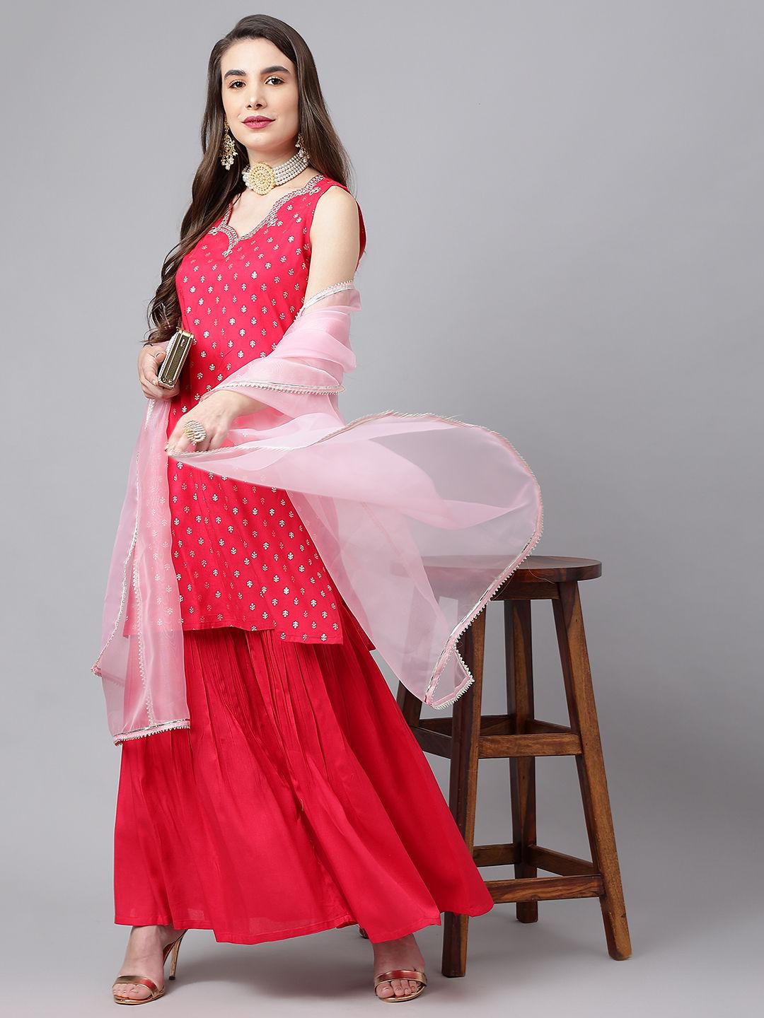 fuchsia pink ethnic motifs printed a-line kurta with solid sharara & dupatta (set of 3)