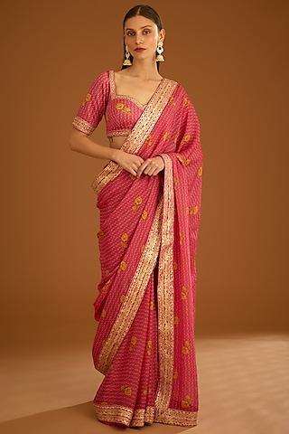 fuchsia pink flat chiffon printed saree set