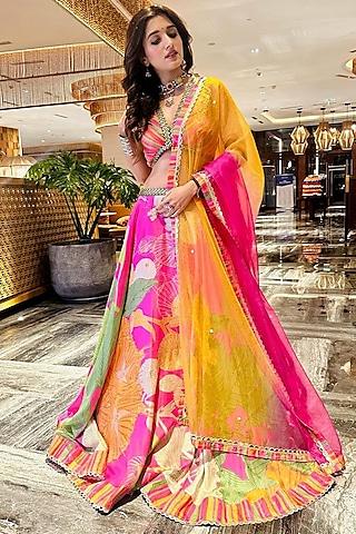 fuchsia pink gaji satin printed & embellished lehenga set