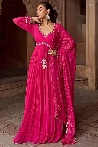 fuchsia pink georgette & lurex georgette hand embroidered gathered anarkali set