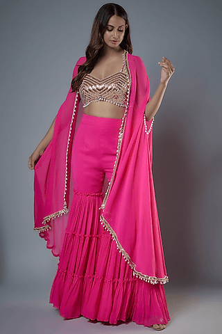 fuchsia pink georgette & raw silk sequins embroidered cape set