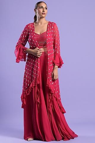 fuchsia pink georgette embellished cape set