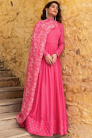 fuchsia pink georgette embroidered anarkali set