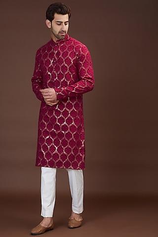 fuchsia pink georgette embroidered kurta set