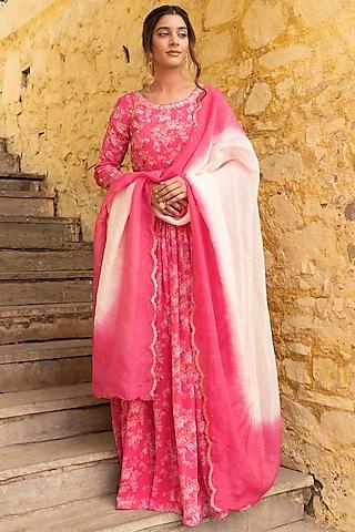 fuchsia pink georgette hand embroidered anarkali set