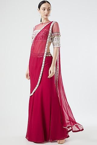 fuchsia pink georgette pre-stitched saree set