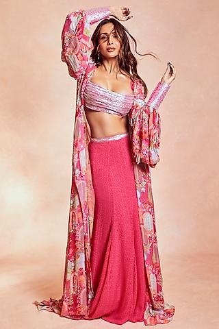 fuchsia pink georgette printed cape set