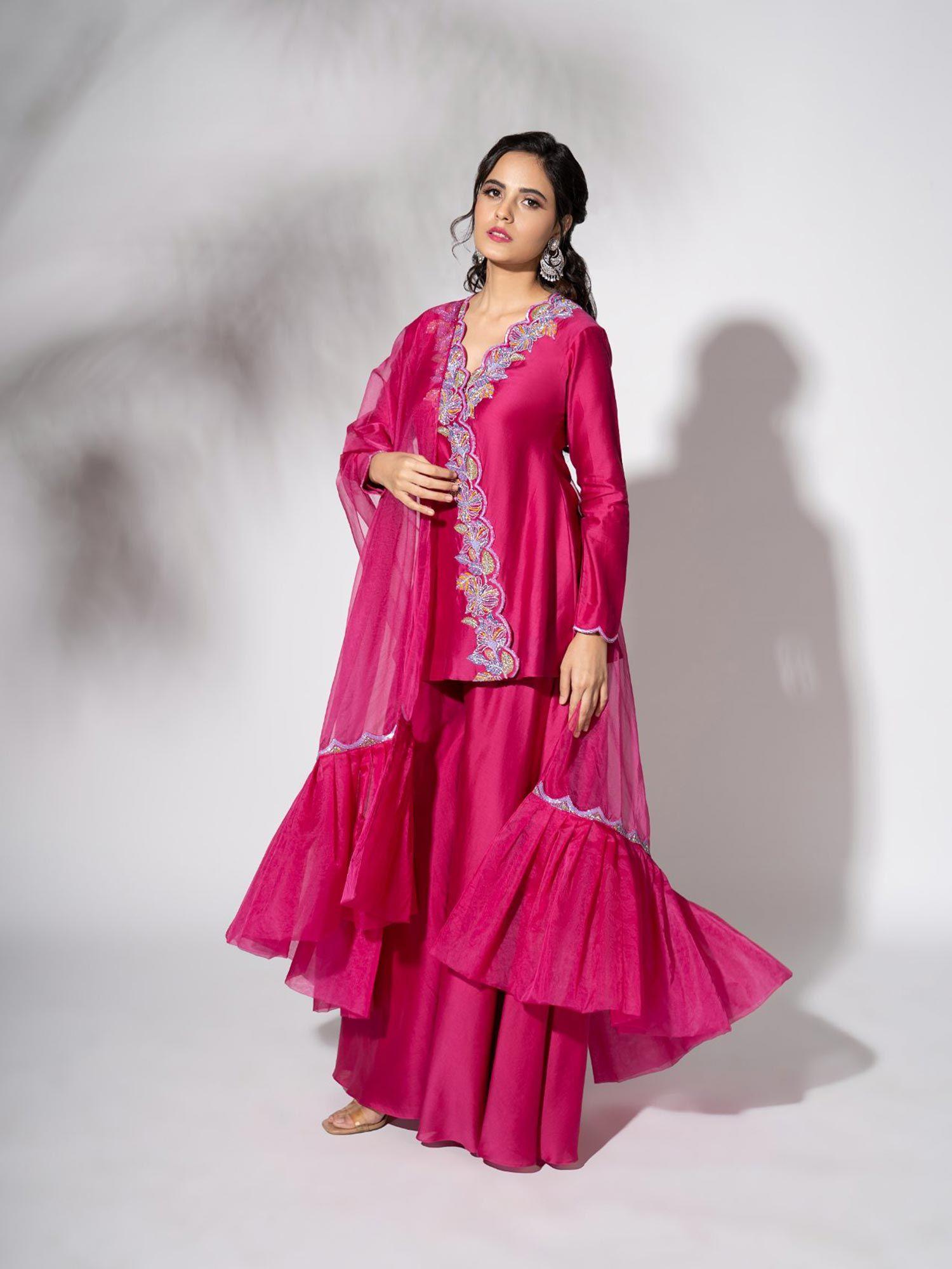 fuchsia pink handwoven chanderi embroidered gharara (set of 3)