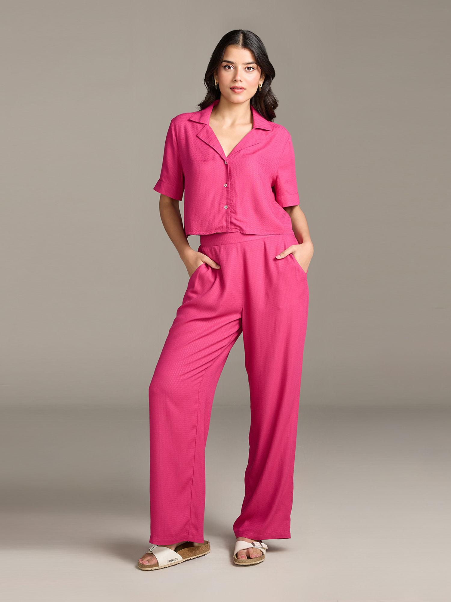 fuchsia pink lapel collar straight fit pants co ord (set of 2)