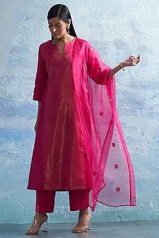 fuchsia pink linen & cotton shimmer a-line kurta set
