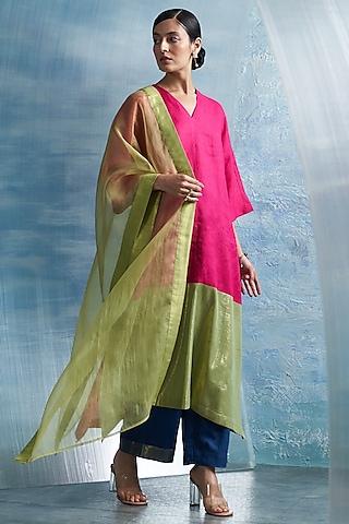 fuchsia pink linen & cotton shimmer kurta set