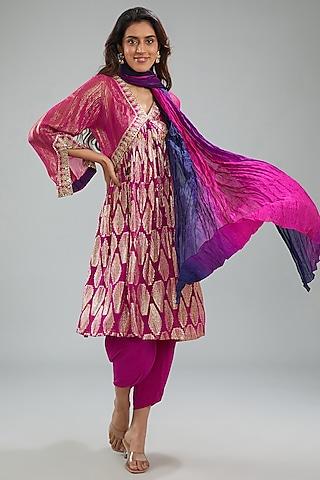 fuchsia pink lurex woven georgette dori machine embroidered kurta set
