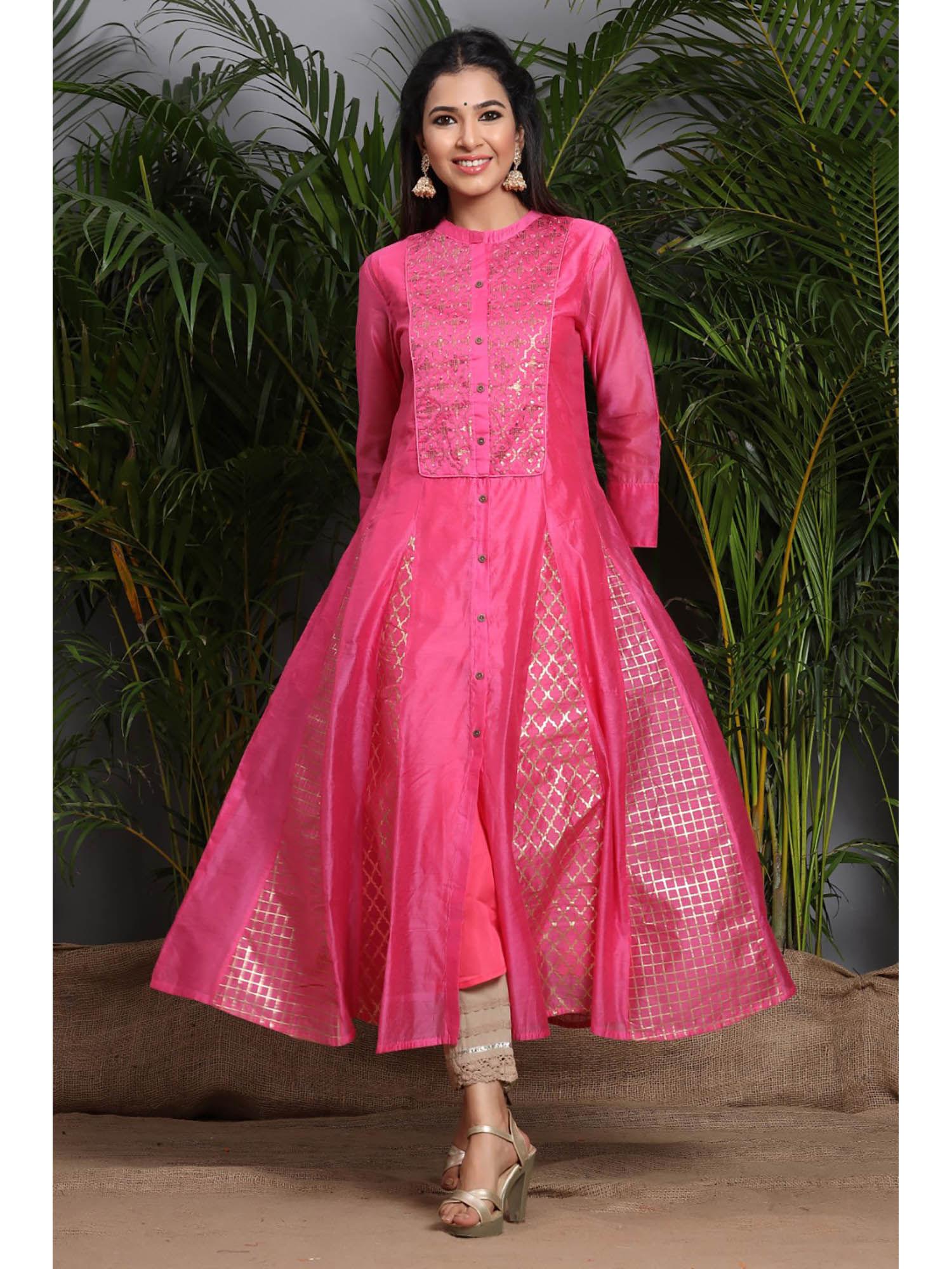 fuchsia pink motif printed chanderi embellished anarkali kurta